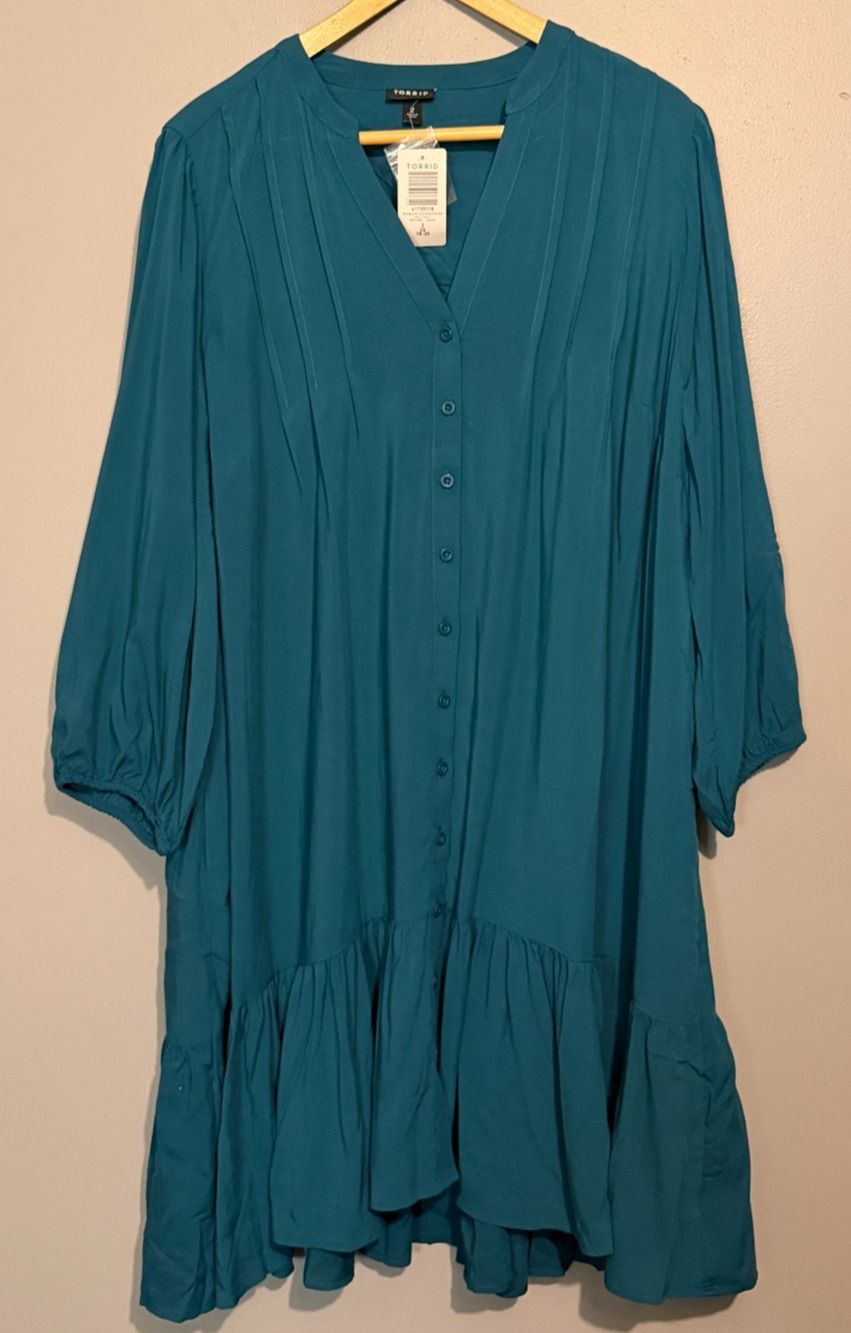 Torrid Size 2 2X Gulf Coast Teal Trapeze Pleated Button Front Dress NWT